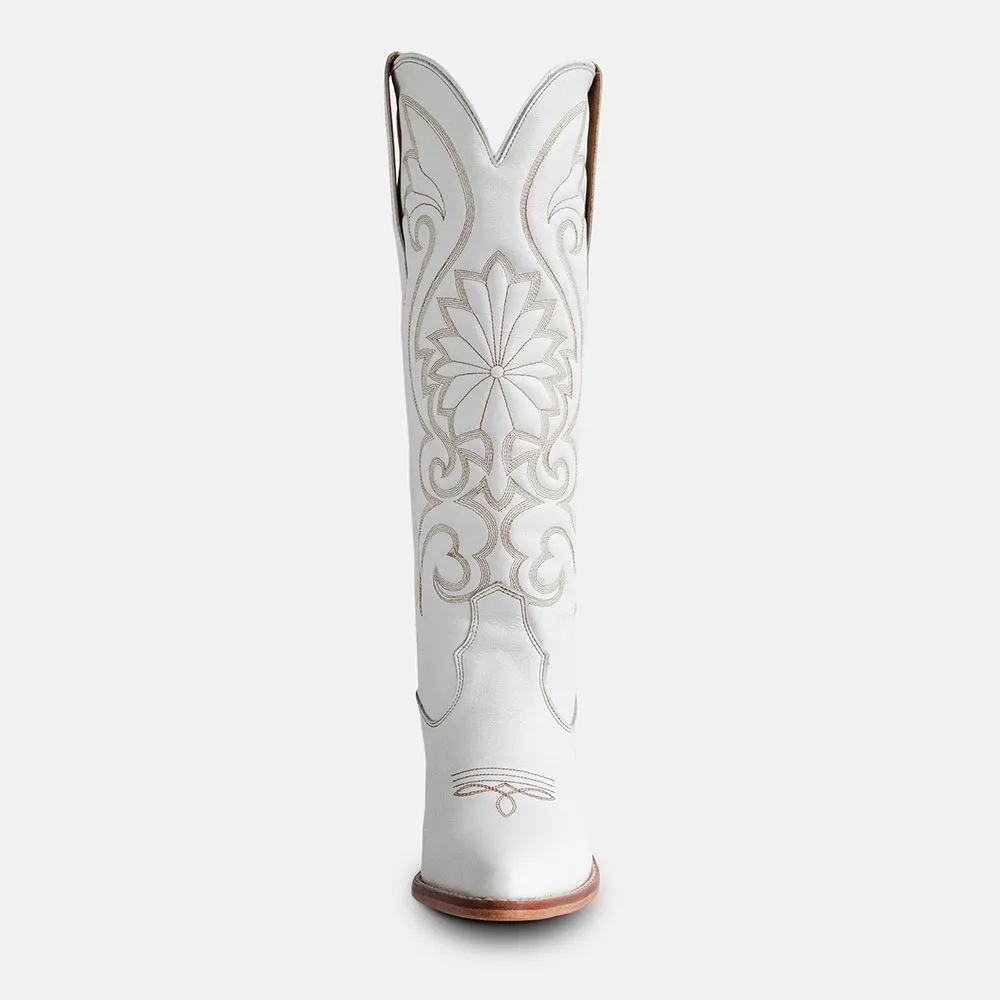Women's Knee High Snip Toe Block Heel Embroidered White Cowgirl Boots