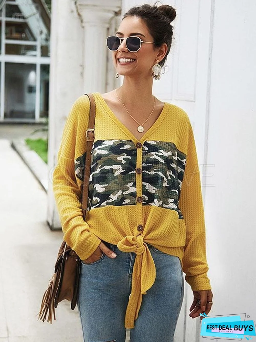 Camouflage Stitching V-Neck Knit Sweater
