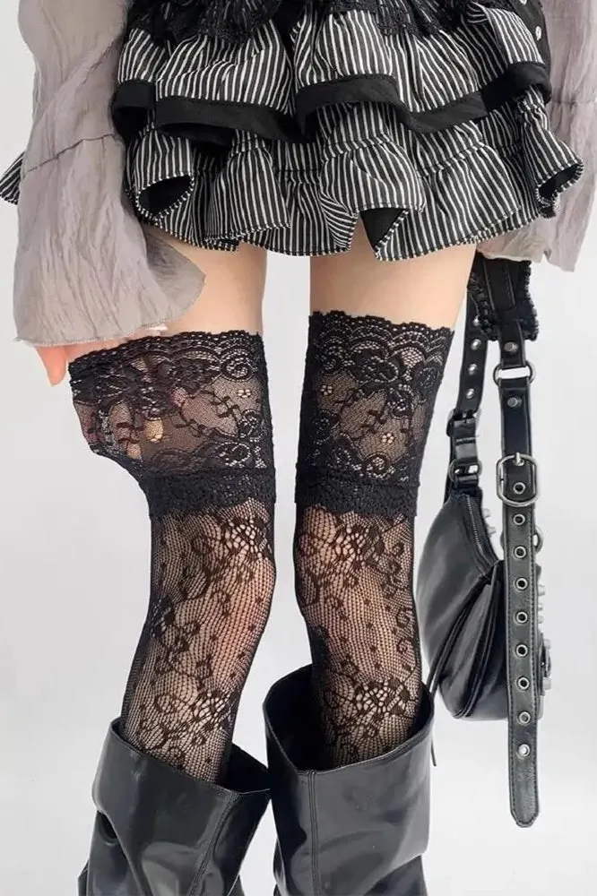 Lace Trim Y2K Floral Fishnet Over Knee Mesh Socks