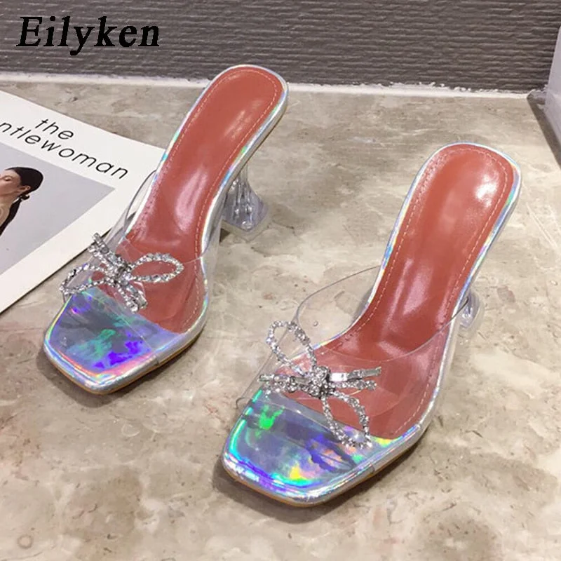 Eilyken PVC Transparent Crystal Sun Flowers Buckle Womens Slippers Summer Square Toe Ladies Strange High Heels Sandals Shoes