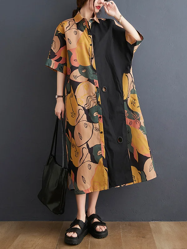 Original Abstract Printed Contrast Color Midi Shirt Dress