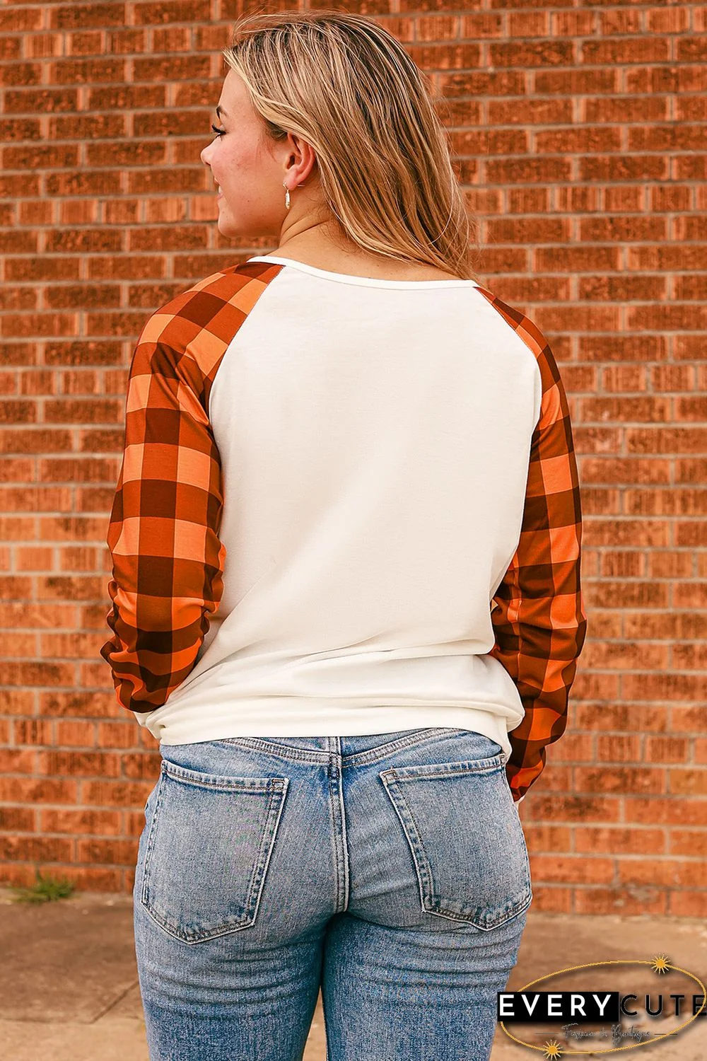 Orange Thankful Pumpkin Graphic Plaid Long Sleeve Top