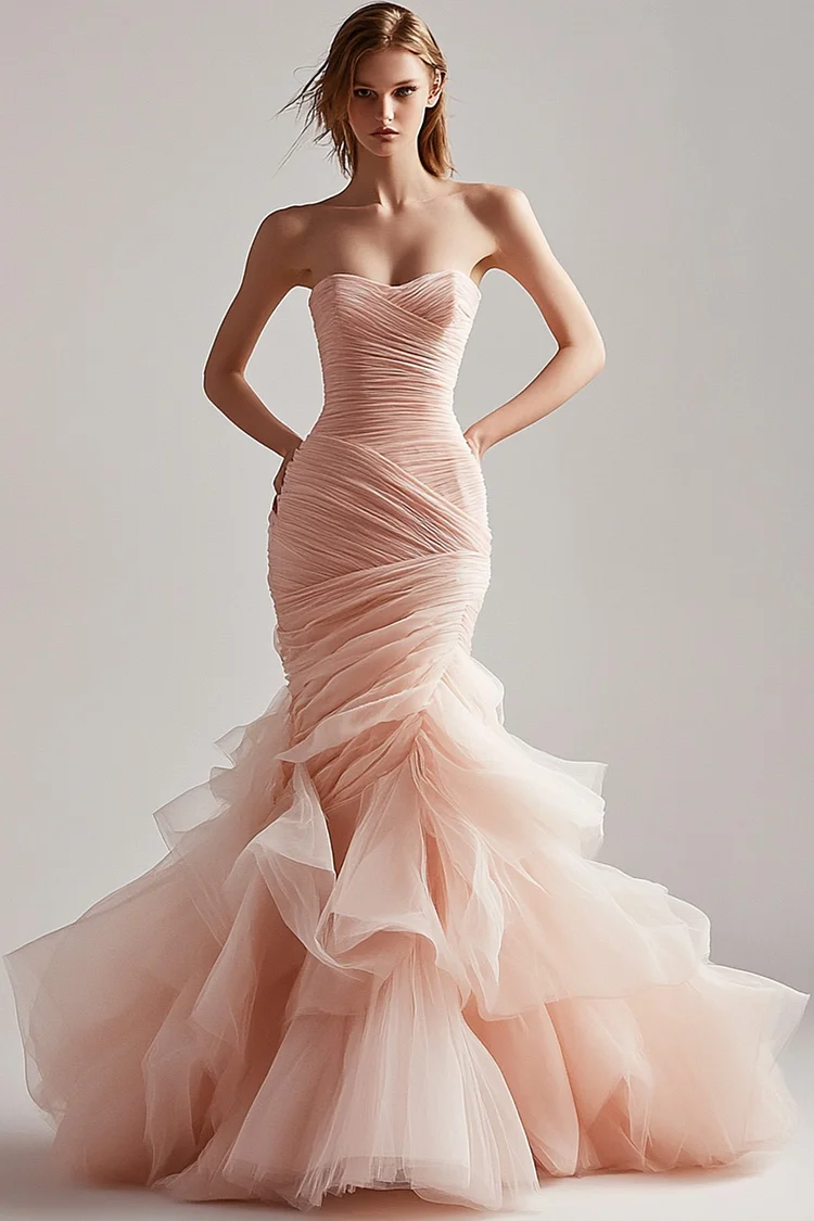 Mesh Layered Strapless Fishtail Maxi Dress-Pink [Custom-Made]