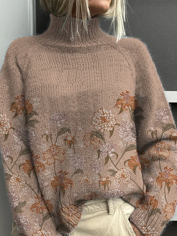 Sweet Meadows Floral Pattern Printed Knit Turtleneck Pullover Sweater