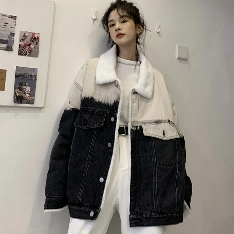 Gradient Thicken Denim Jacket Women Loose Casual Warm Jean Coats Korean Fashion Street Wear Fur Collar Lady Outwear New
