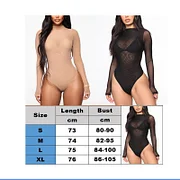 Buyerint Bodysuits High Neck Bodycon Jumpsuit See Through Romper Black Beige NEW Sexy Mesh See Through Bodysuit Women Long Sleeve Sheer
