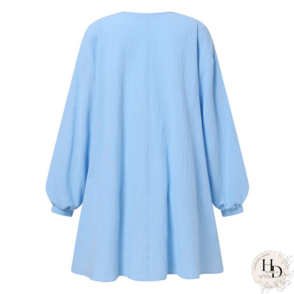 Womens Spring & Autumn Long Dress Tunic Lantern Sleeve Necklace Cotton Linen Casual Loose