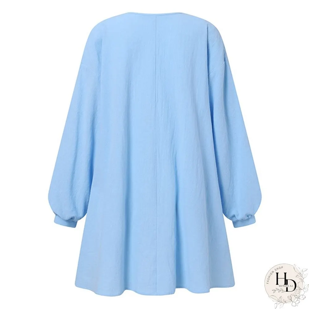Womens Spring & Autumn Long Dress Tunic Lantern Sleeve Necklace Cotton Linen Casual Loose