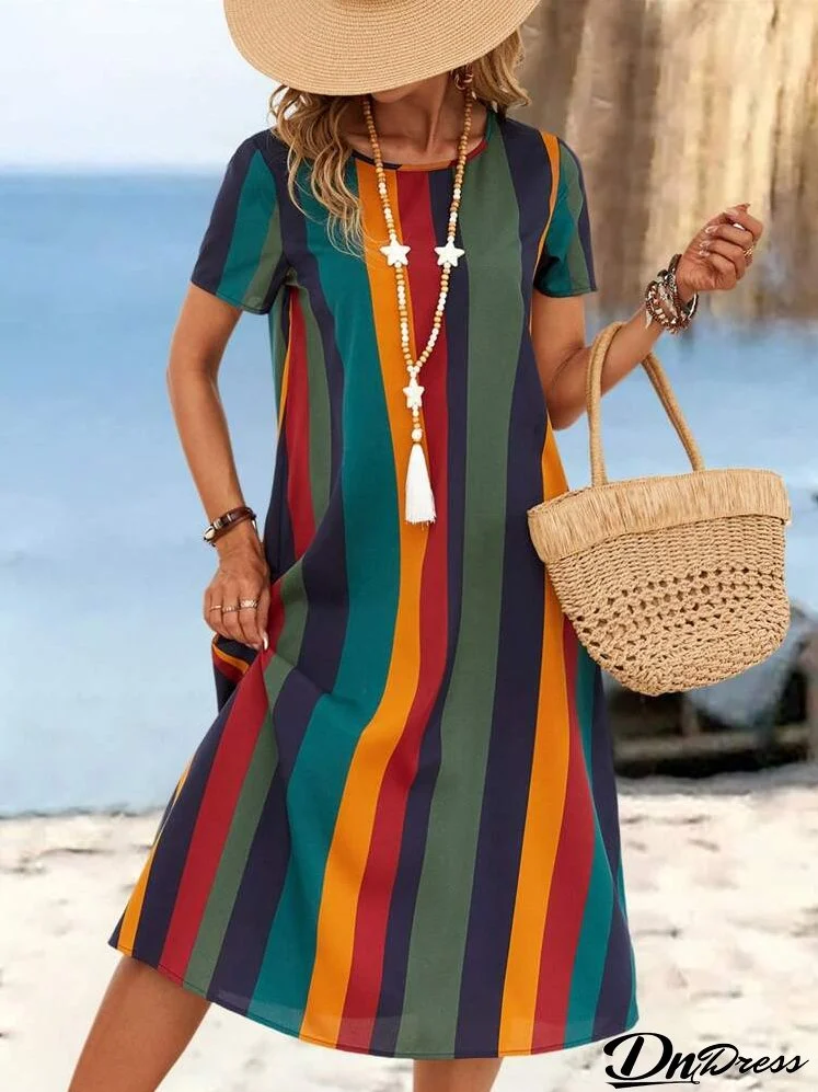 Women Round Neck Striped Print Holiday Style Short Sleeve Dress
