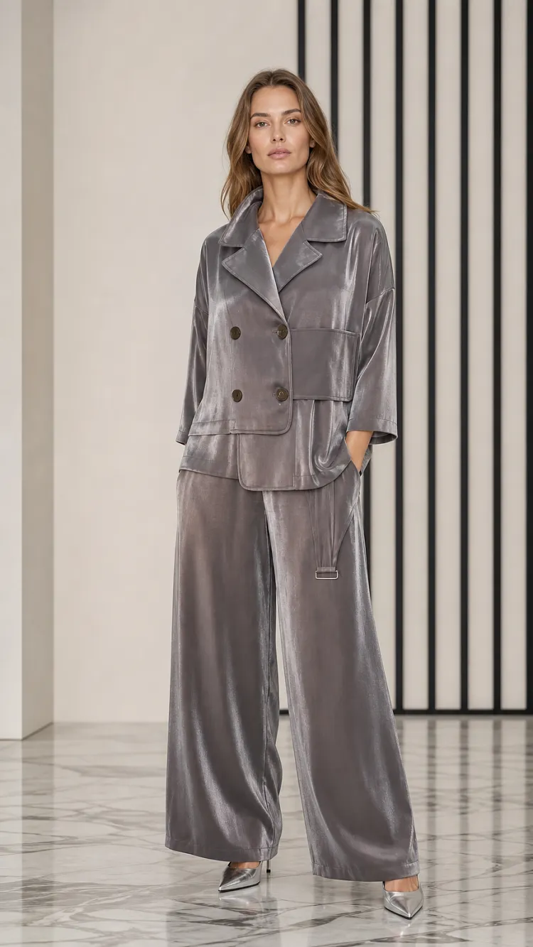 Women's Velvet Double-Breasted Jacket and Wide-Leg Pants Set