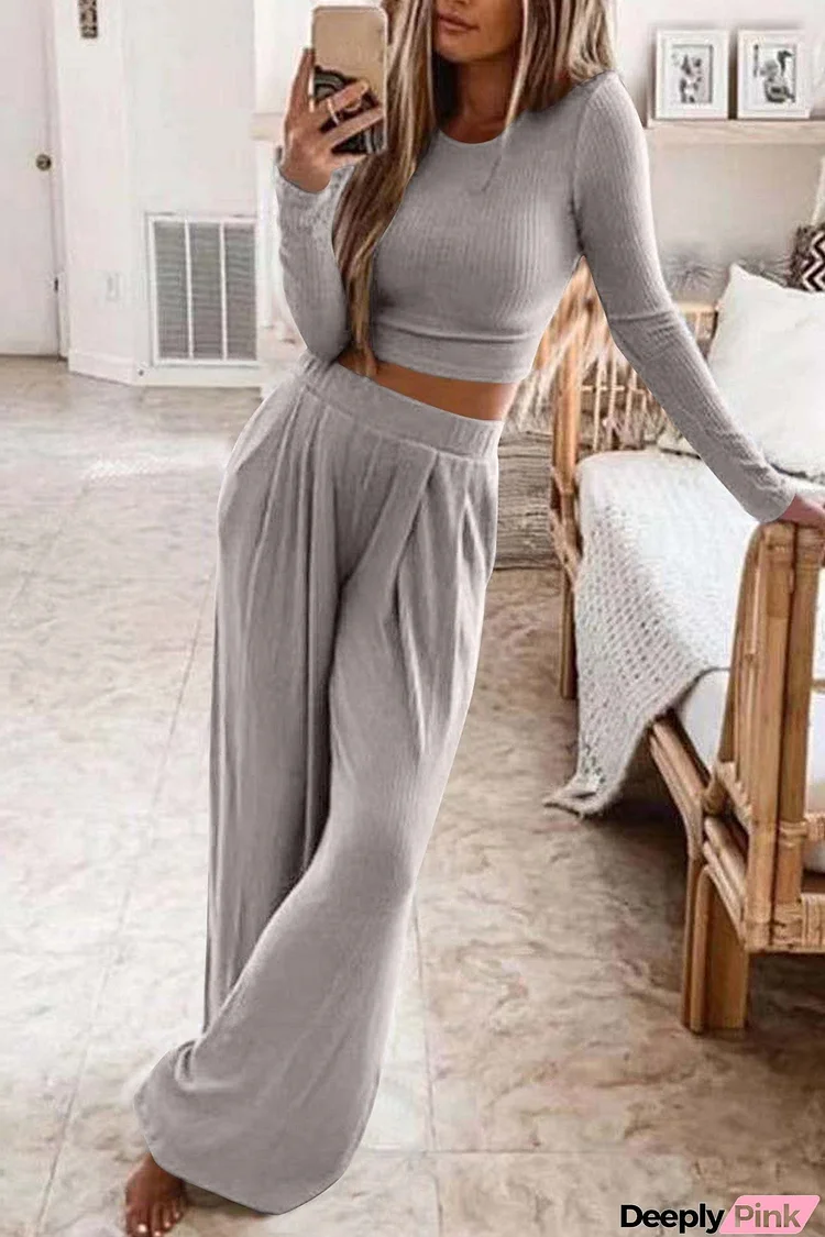 Solid Color Ribbed Crop Top Long Pants Set