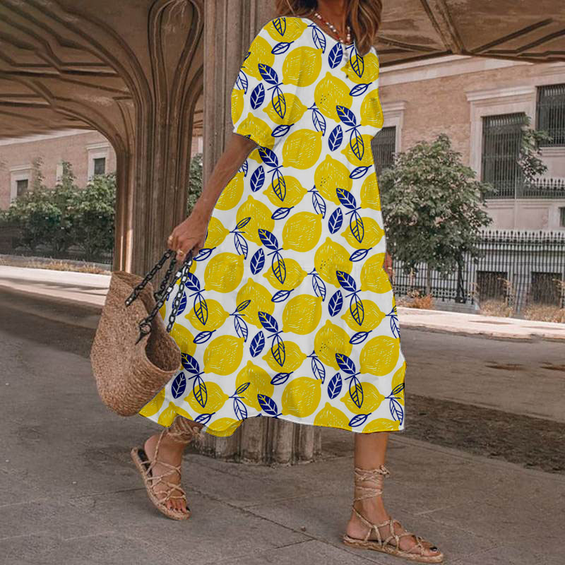 Women's Lemon Print Round Neck Dress