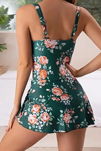 Women's Floral One Piece Swimdress Tummy Control Swimsuit 