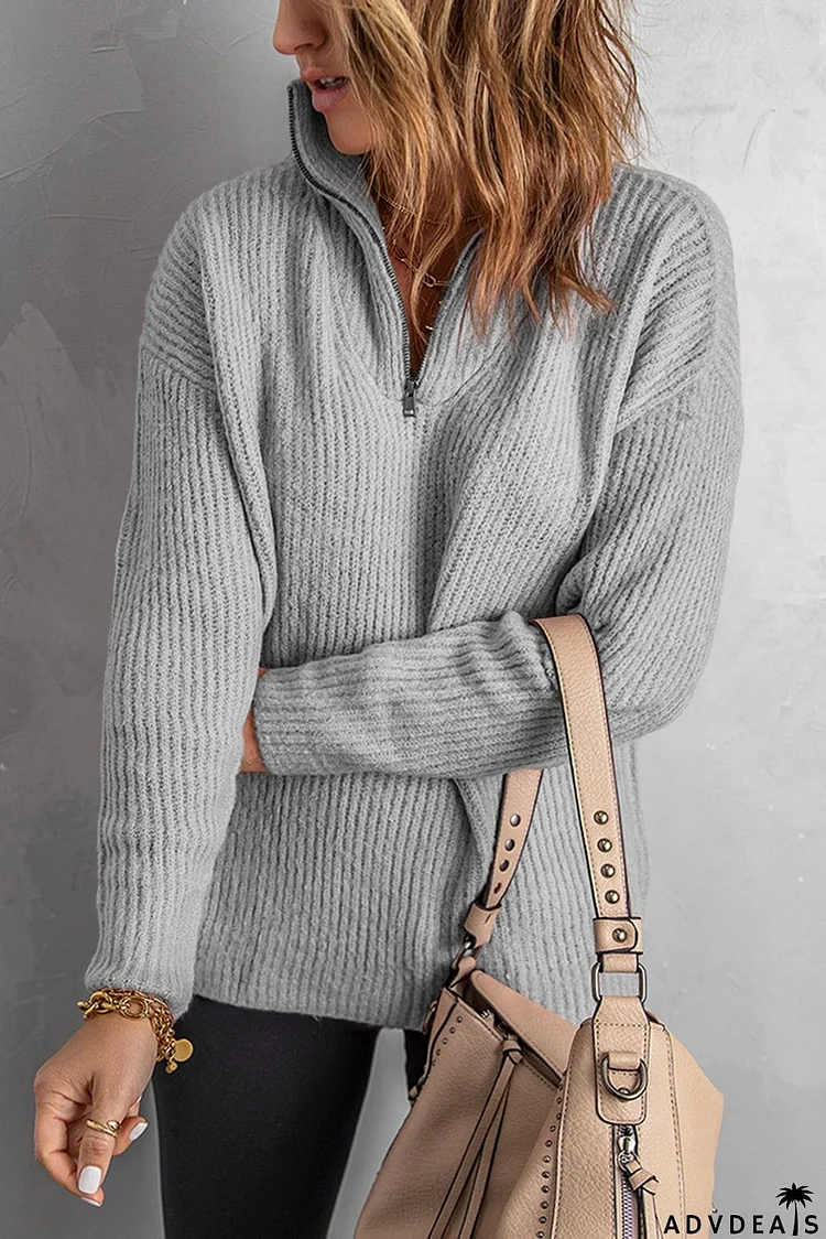 Gray Zip Neck Knitted Sweater