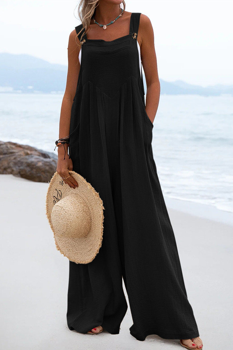 Casual Solid Square Neck Pocket Loose Jumpsuit