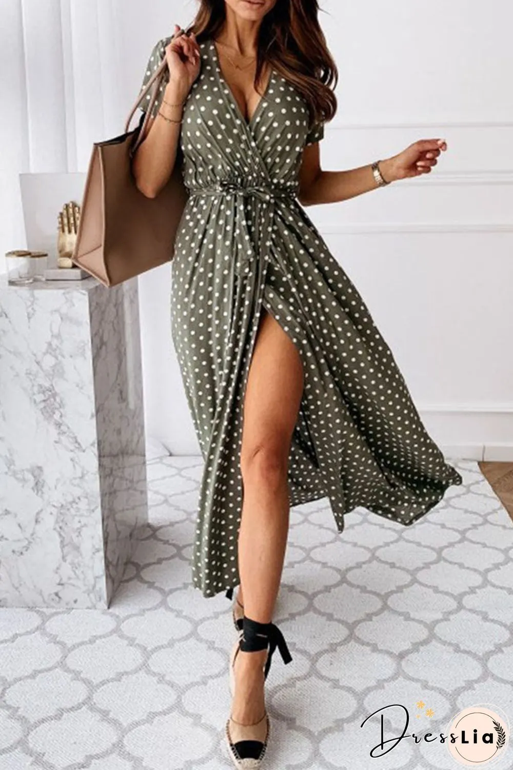 Fashion Sexy Dot Slit V Neck Printed Dresses(4 Colors)