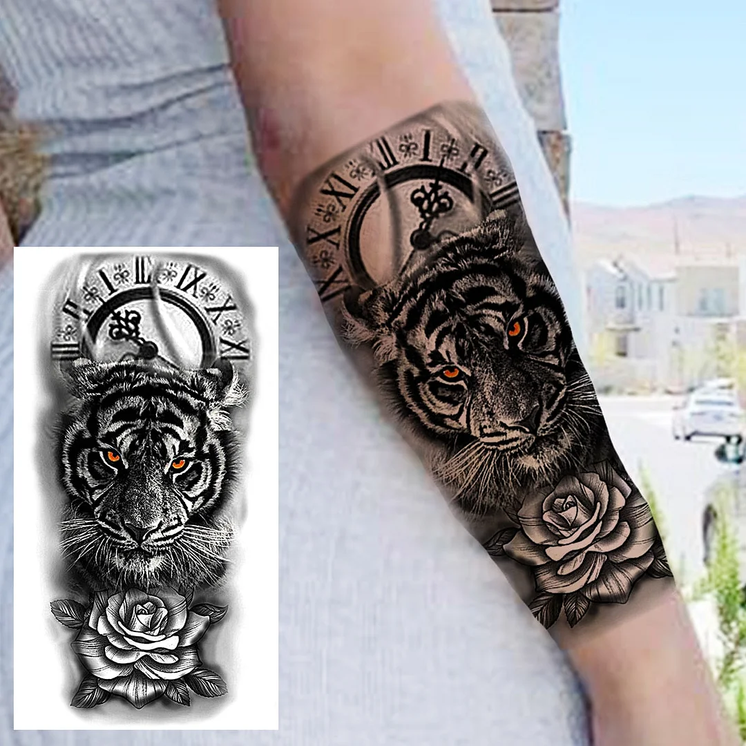 Praying Lion Cross Temporary Tattoos For Men Women Clown Wolf Tiger Flower Compass Fake Tattoo Sticker Forearm Waterproof Tatoos