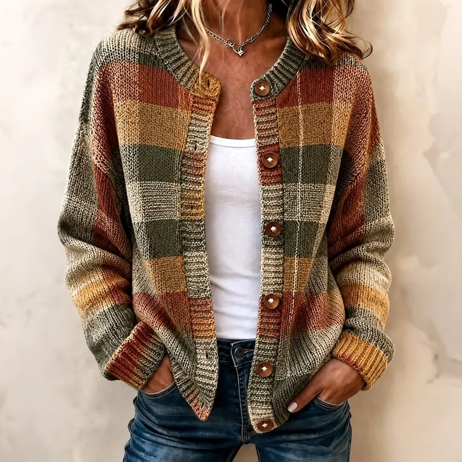 Comstylish Women's Autumn Plaid Art Print Knit Button Cardigan