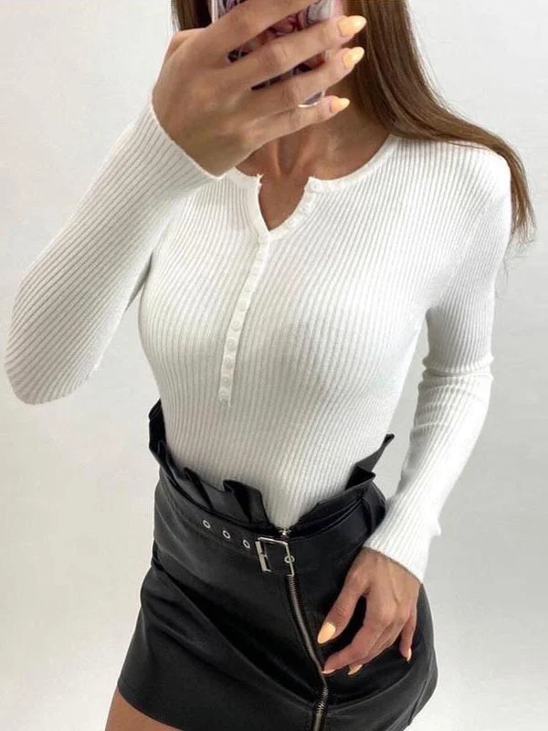 Women's Long Sleeve V-neck Buttons Knit Seawter Tops