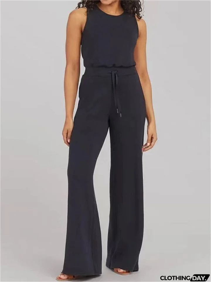 Ladies Summer Relaxed Crew Neck Sleeveless Straight Leg Jumpsuit