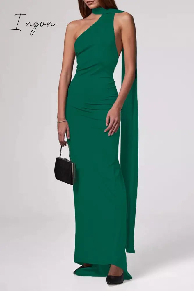 Sexy Solid Backless Fold Scarf Collar Irregular Dresses Green / S Dresses/Maxi