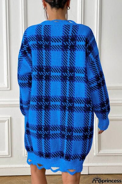 Plaid V-Neck Long Sleeve Sweater Dress