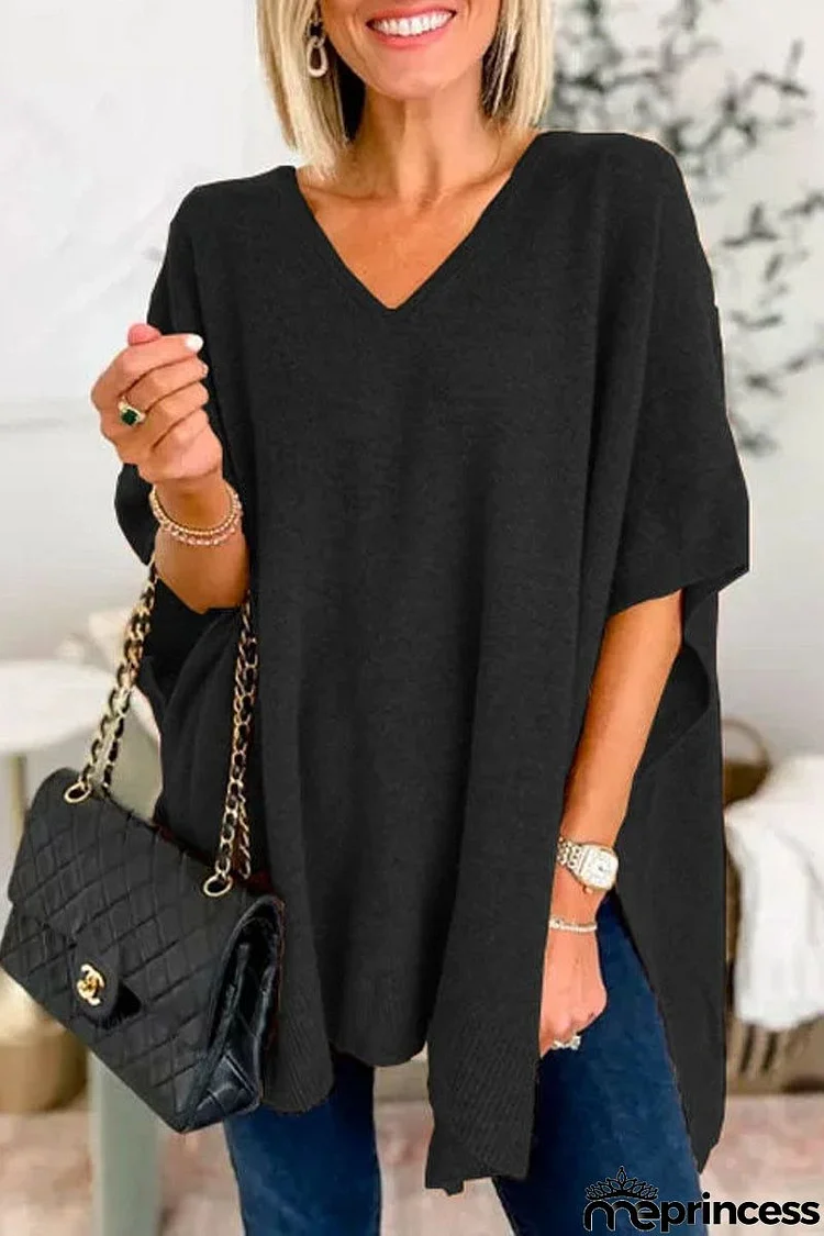 Casual Simplicity Solid Slit V Neck Tops