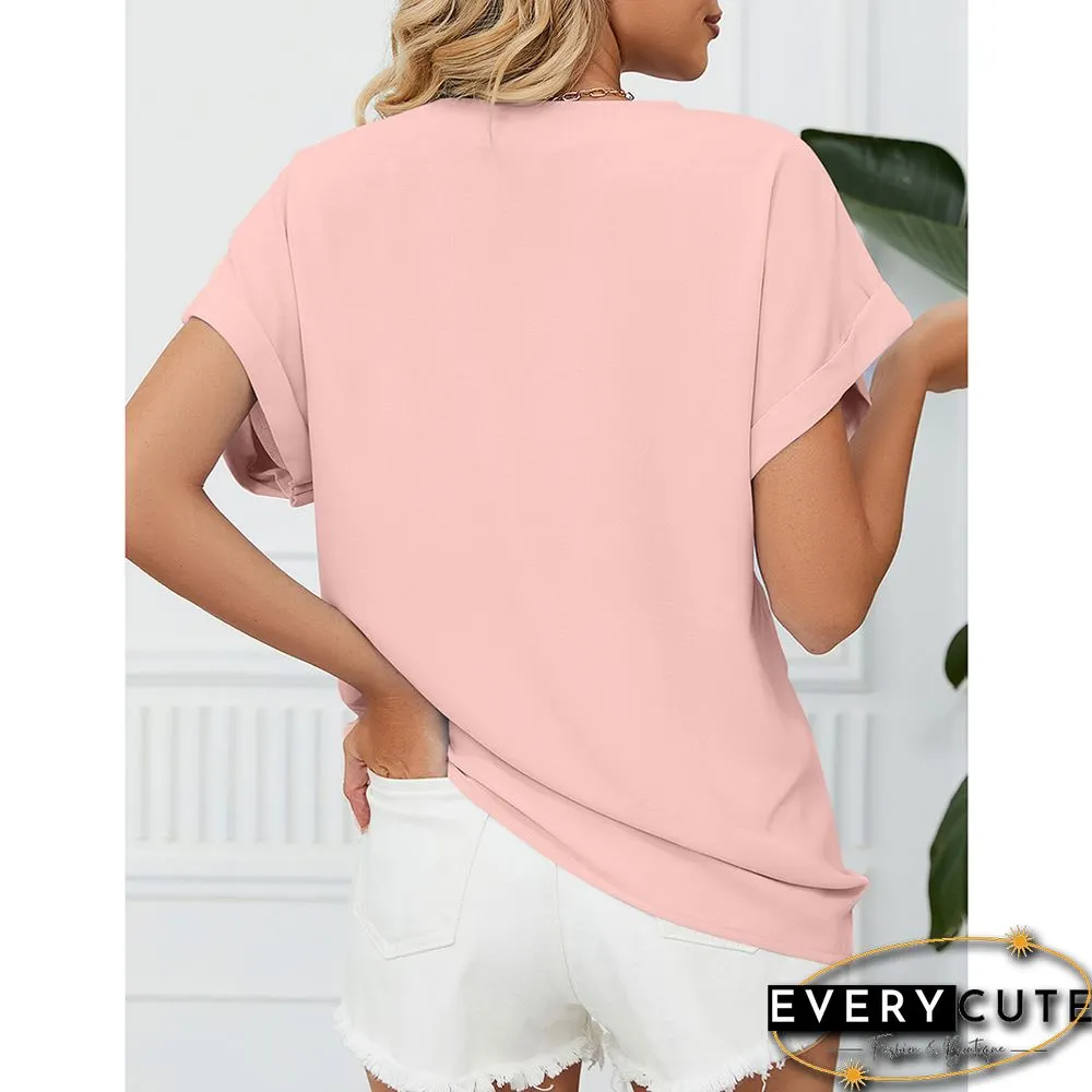 Pink Solid V Neckline Short Sleeve Tops
