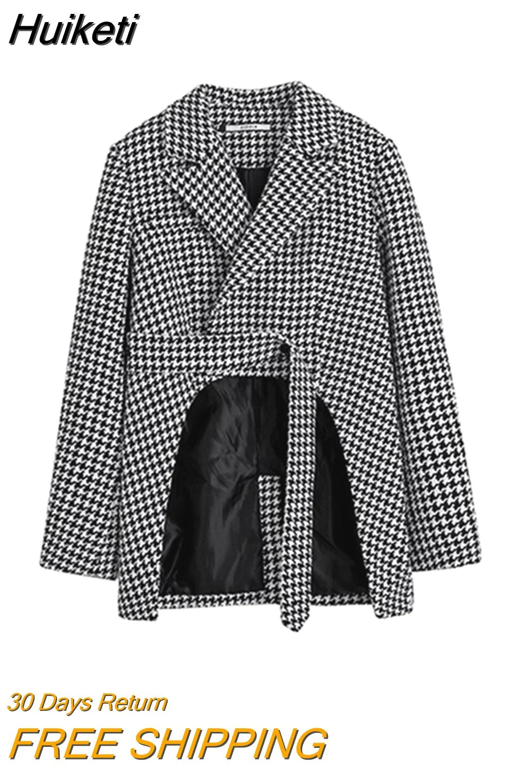Huiketi Fashion Women's Blazers Houndstooth Notched Collar Single Button Irregular Casual Suit Jacket Autumn 2023 New 5R4783