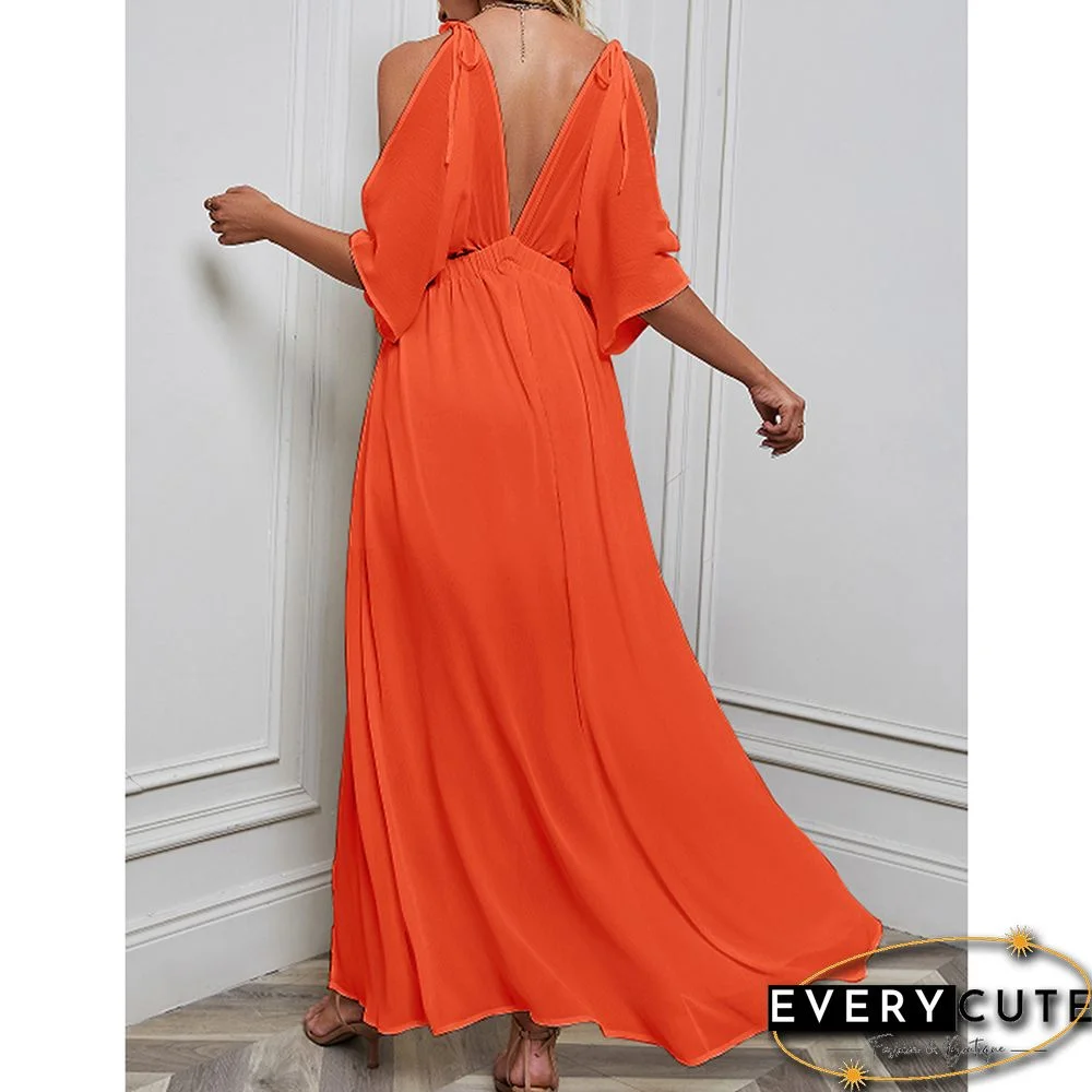 Orange Deep V Neck Chiffon Maxi Dress with Slit