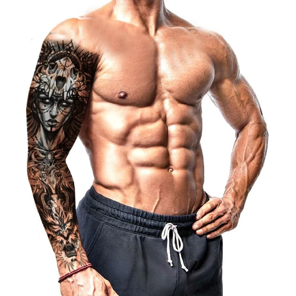 Fake Tattoo Lion Warrior For Men Waterproof Temporary Snake Flower Sticker Totem Geometric Full Arm Large Size Sleeve Tatoo Boys