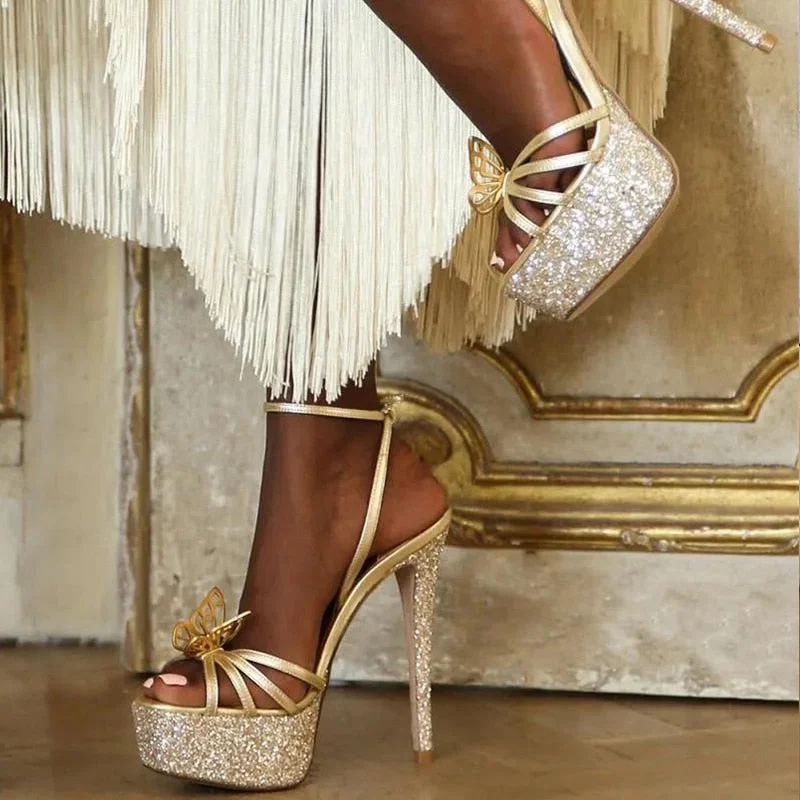 Vstacam Runway Style Glitter Sequined Platform Super High Heel Party Wedding Banquet Shoes Bowknot Summer Gold Sandals Women Pumps