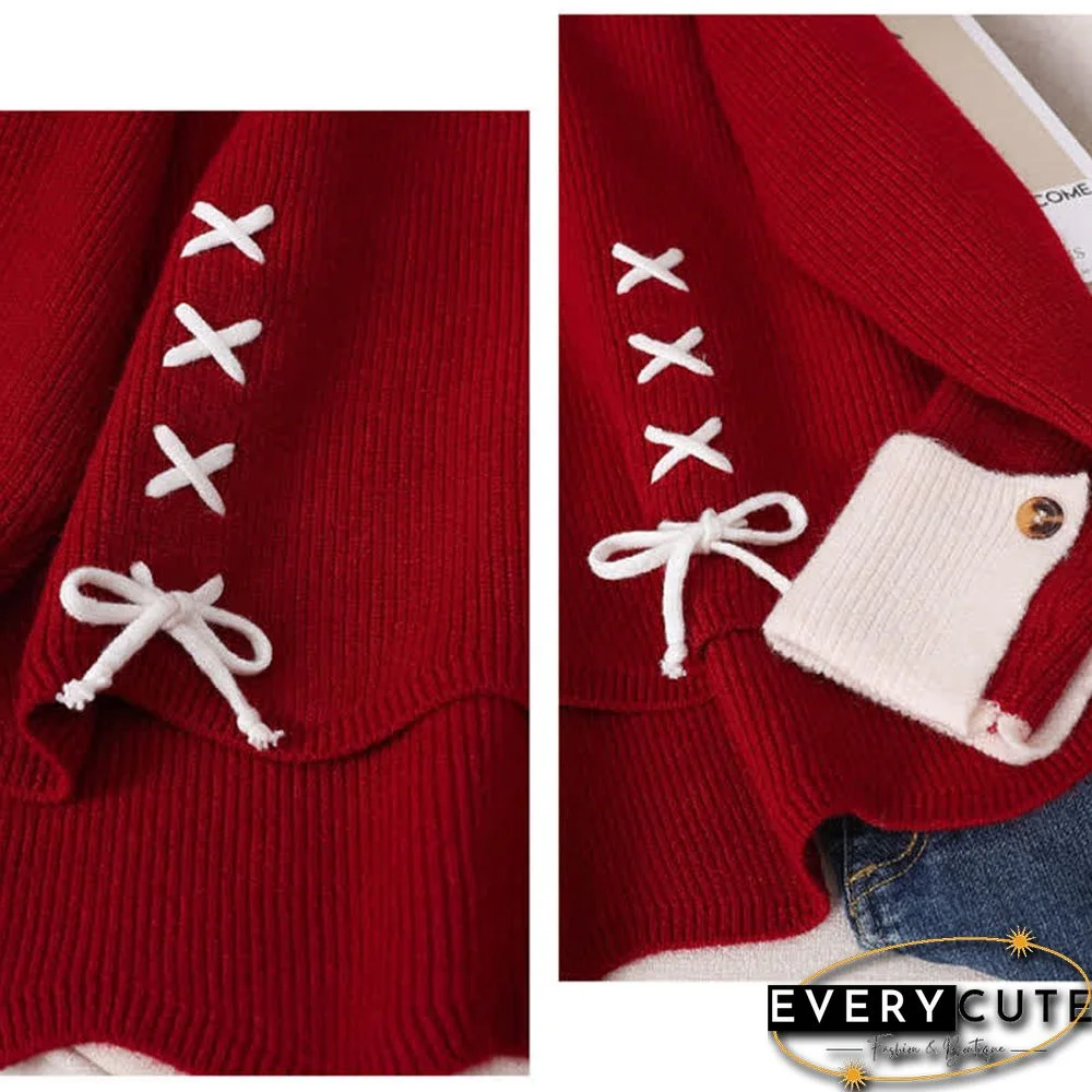 Round Collar Lace Up Knit Sweater Slip Dress Two Pieces Set