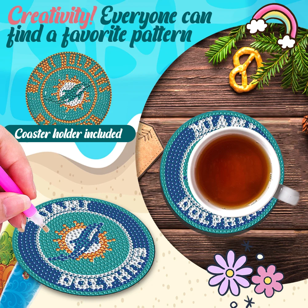 Miami Dolphins 6pcs DIY Diamond Painting Acrylic Coasters Holder for Beginner Adult