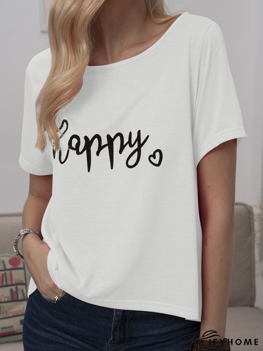 Plus Size Women Short Sleeve Happy Floral Casual Tops | IFYHOME