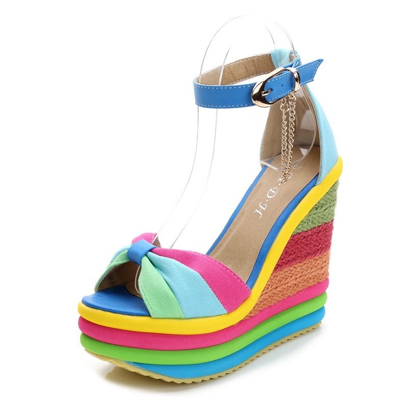 2021 Summer New Platform Wedge Sandals For Women's With Splicing Rainbow Color Weave Fish Mouth High Heels