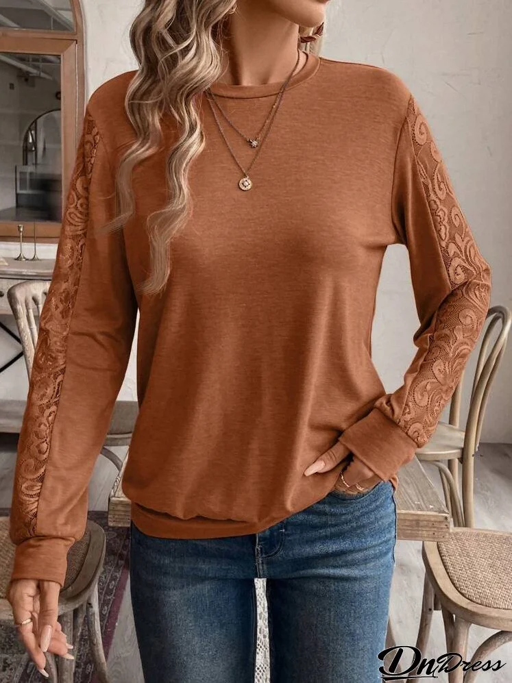 Women's Casual Contrast Lace Crew Neck Long Sleeve Sweatshirt For Spring & Autumn