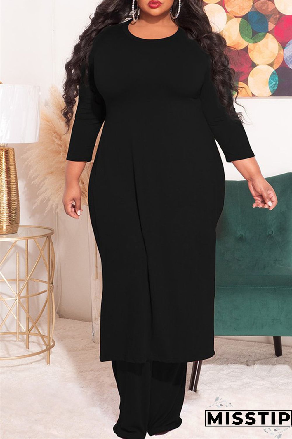 Blue Fashion Casual Solid Slit O Neck Plus Size Two Pieces