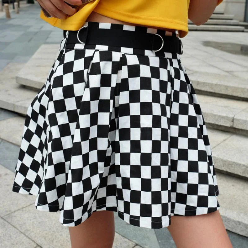 Women Plaid Pleated Skirt High Waist Belt Short Mini Skirt Casual Korean Harajuku Skirt Dancing Club Outwear A-line Skirt