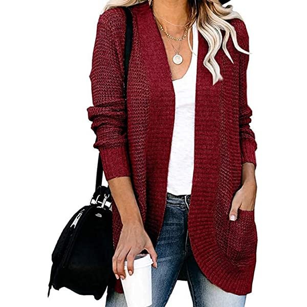 AROGONE Women's Cozy Open Front Waffle Knit Cardigan Sweater Outwear Coat with Pockets Small A Green