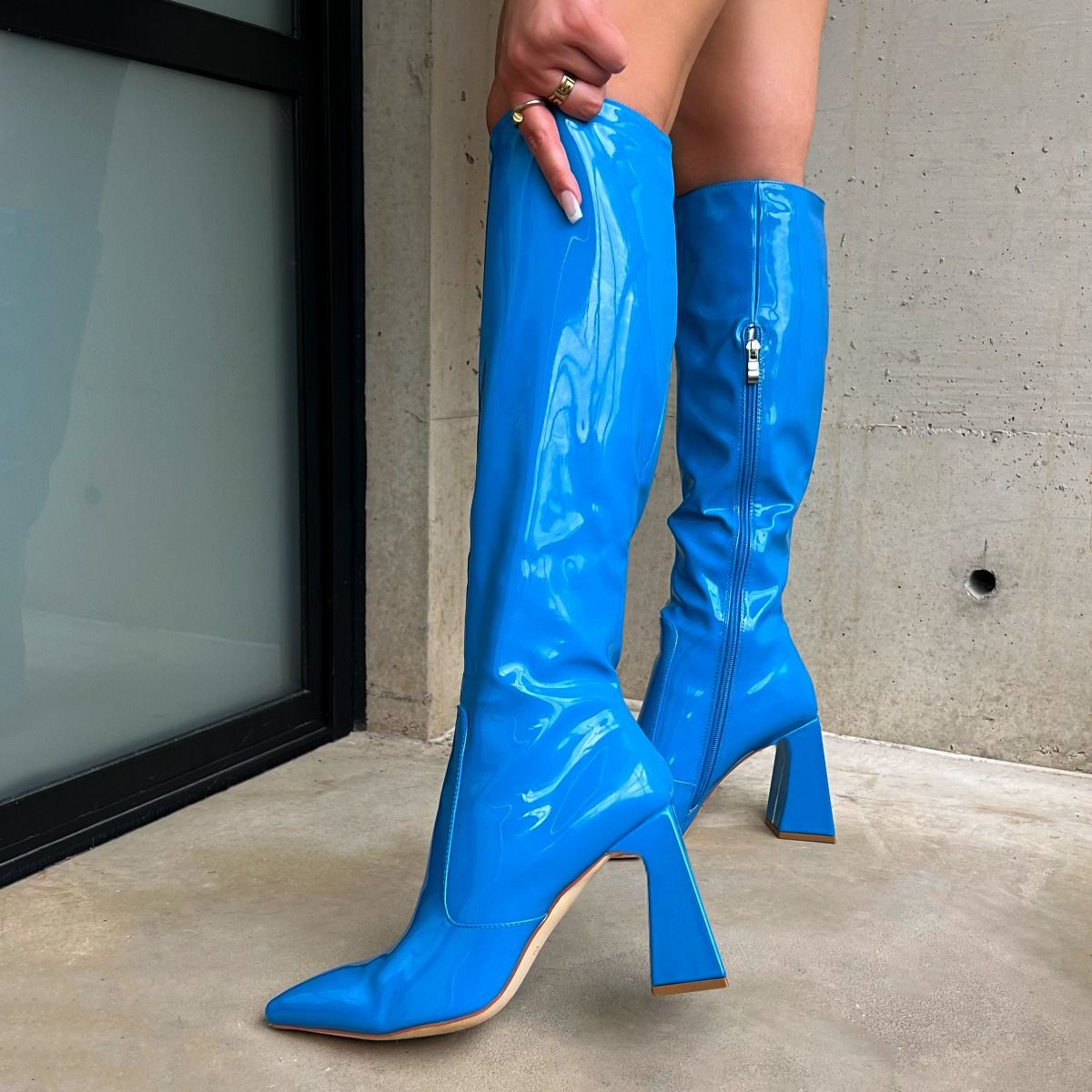 Blue Patent Leather Pointed Toe Knee High Boots with Flared Heel Nicepairs