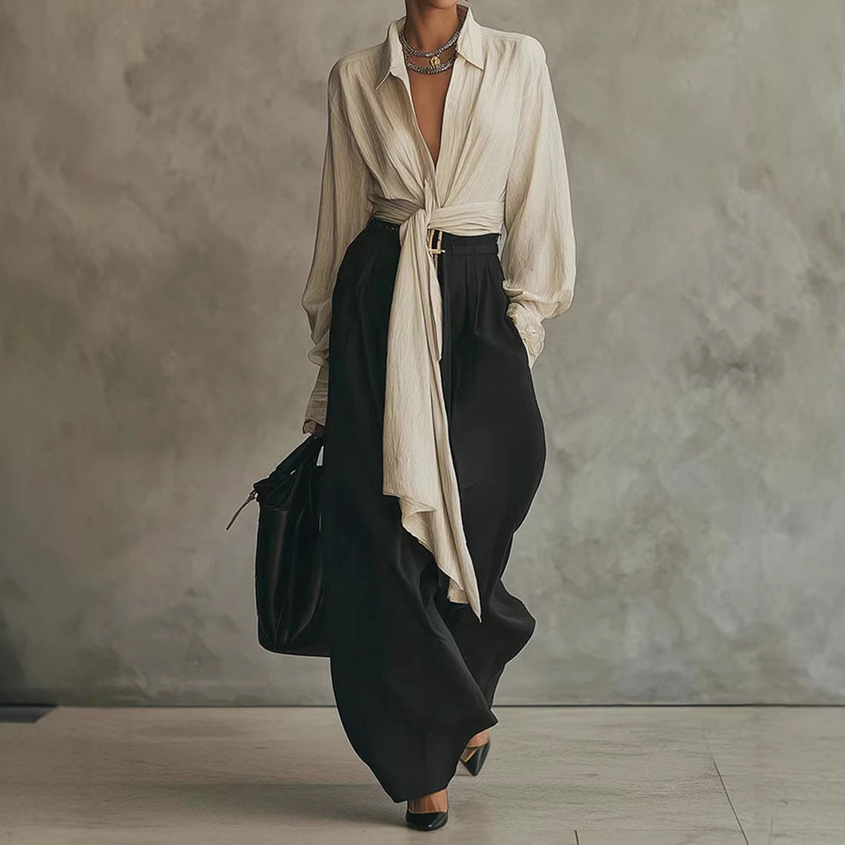 Women's Shirt And Drapey Wide-leg Pants Two-piece Set elevenforest