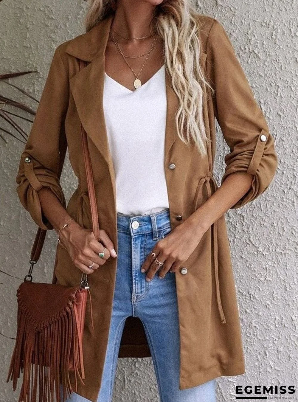 Fall/Winter Solid Color Drawstring Button Lapel Mid-length Trench Coat | EGEMISS