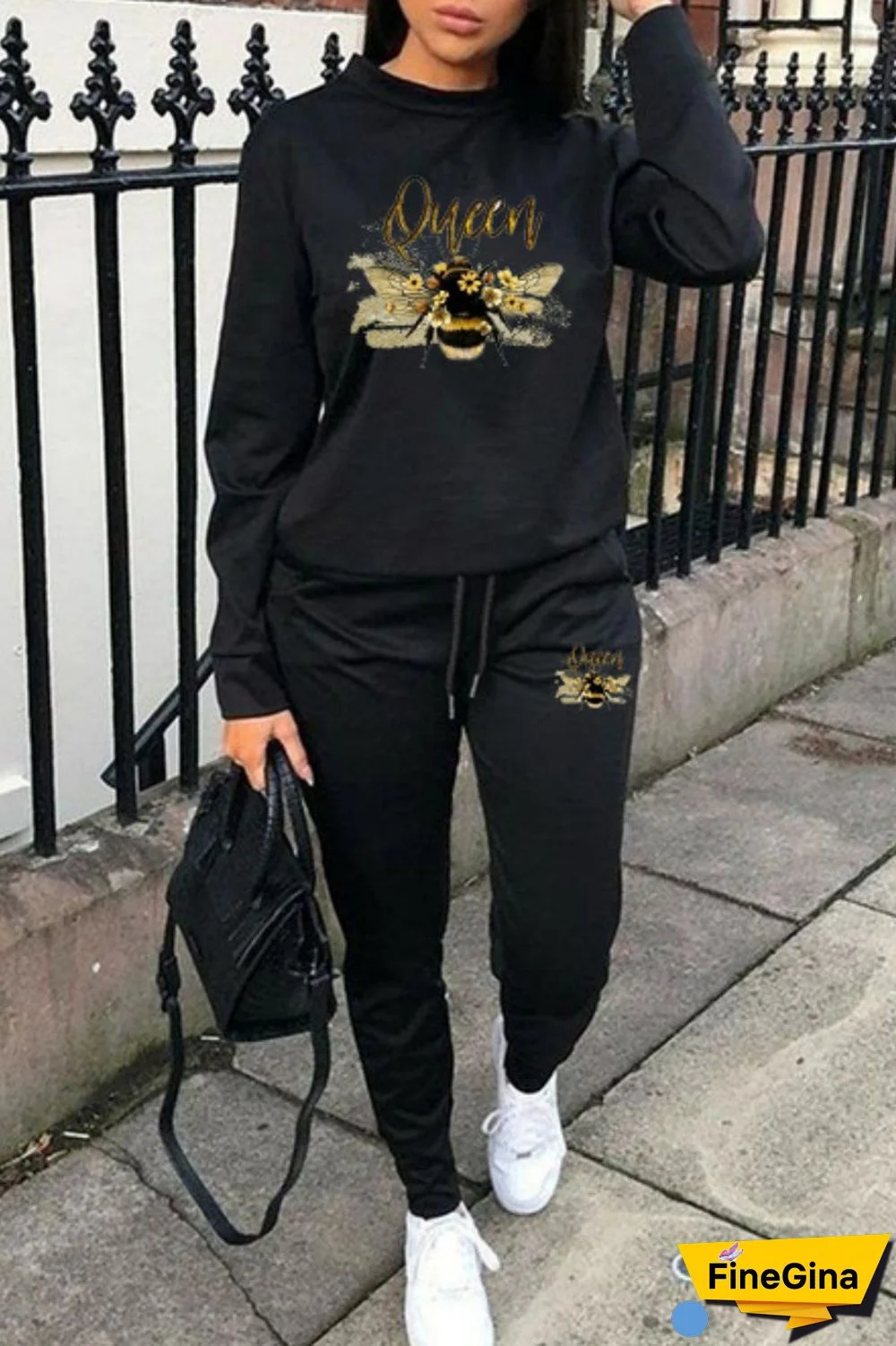 Black Casual Print Basic O Neck Long Sleeve Two Pieces