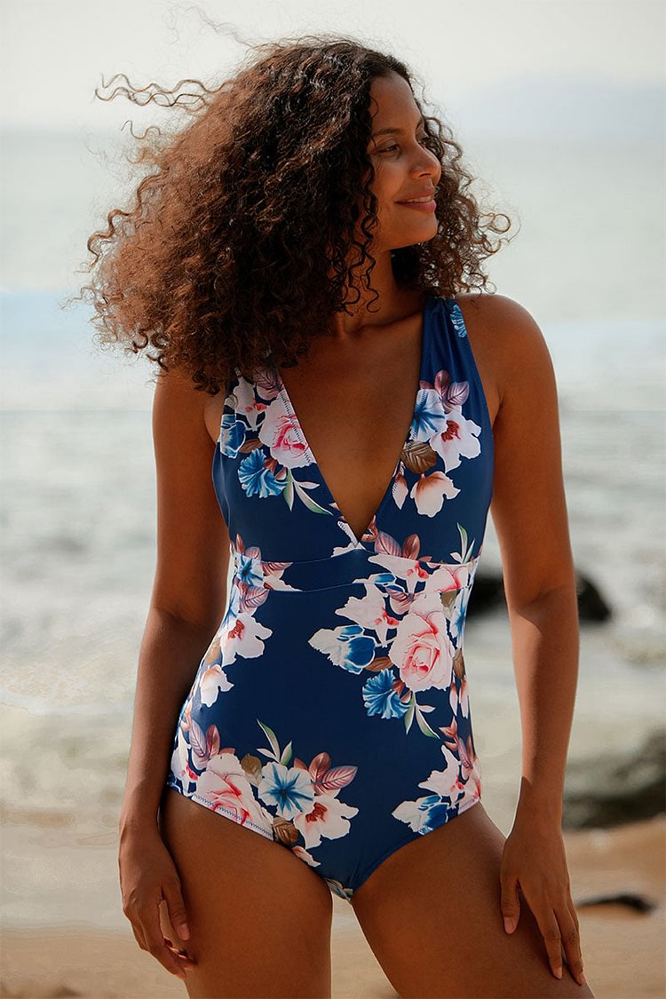 Luckybop  Blue Floral Strappy One-Piece Swimsuit