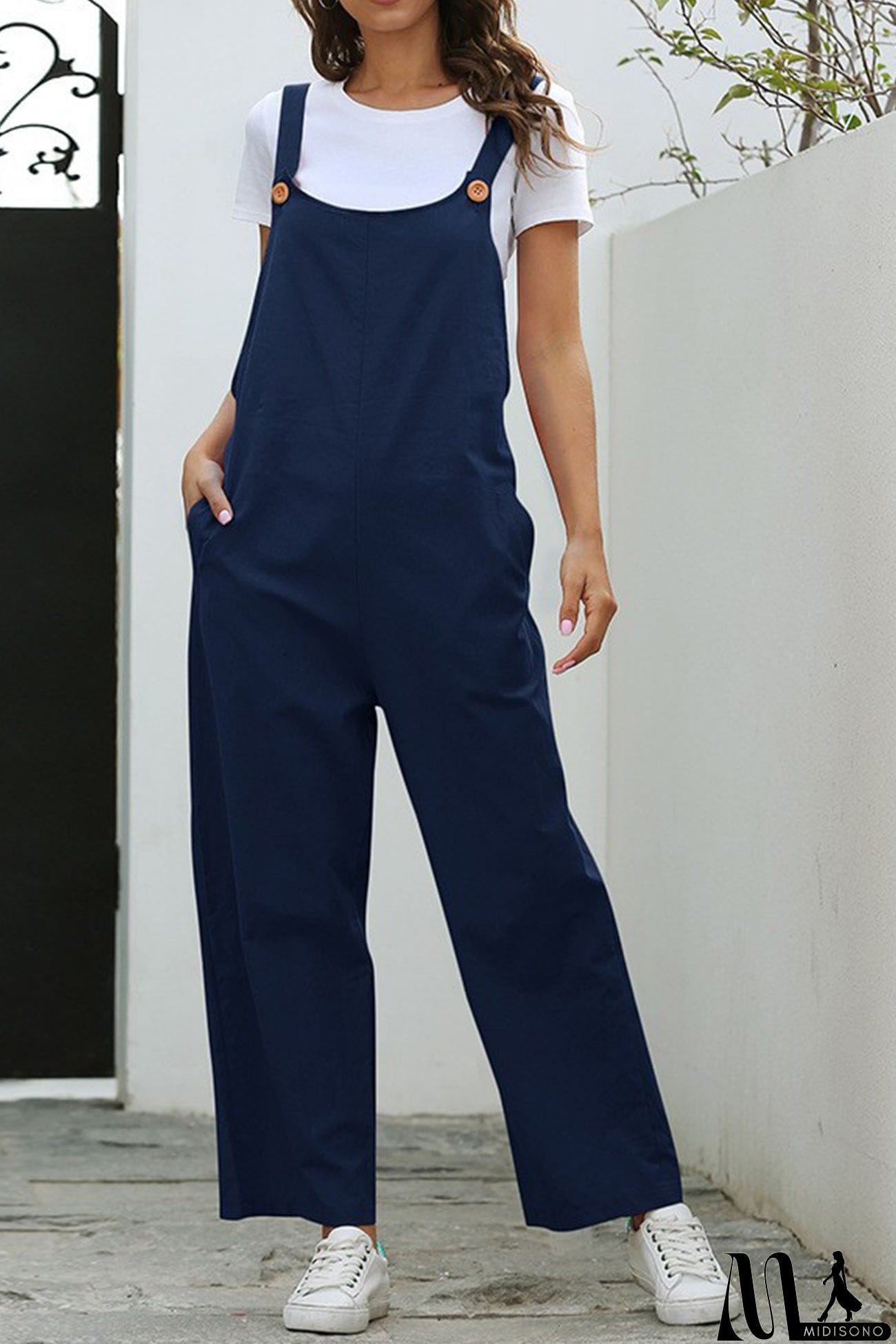MidiSono - Solid Color Sleeveless Long Pants Jumpsuits