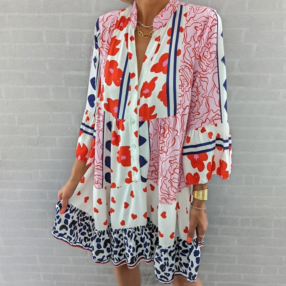 Mixed Print Orange and White Prairie Button Front Dress