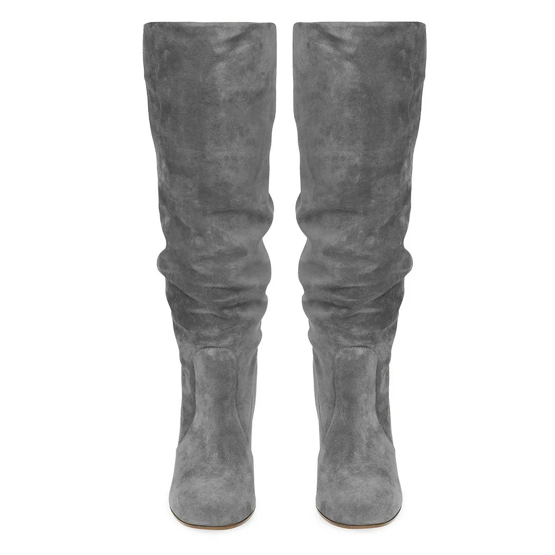 Grey Vegan Suede Chunky Heel Slouchy Round Toe Tall Boots for Women