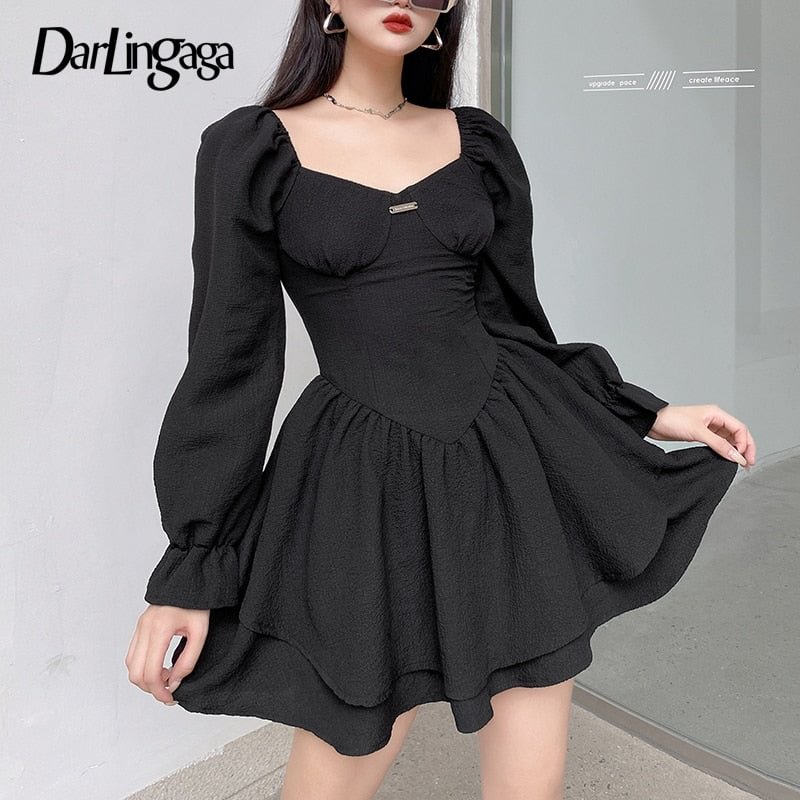 Darlingaga Fashion Elegant Puff Sleeve Black Dress Women Corset Autumn Pleated Sexy Party Dress Mini Double Layer Ruched Clothes
