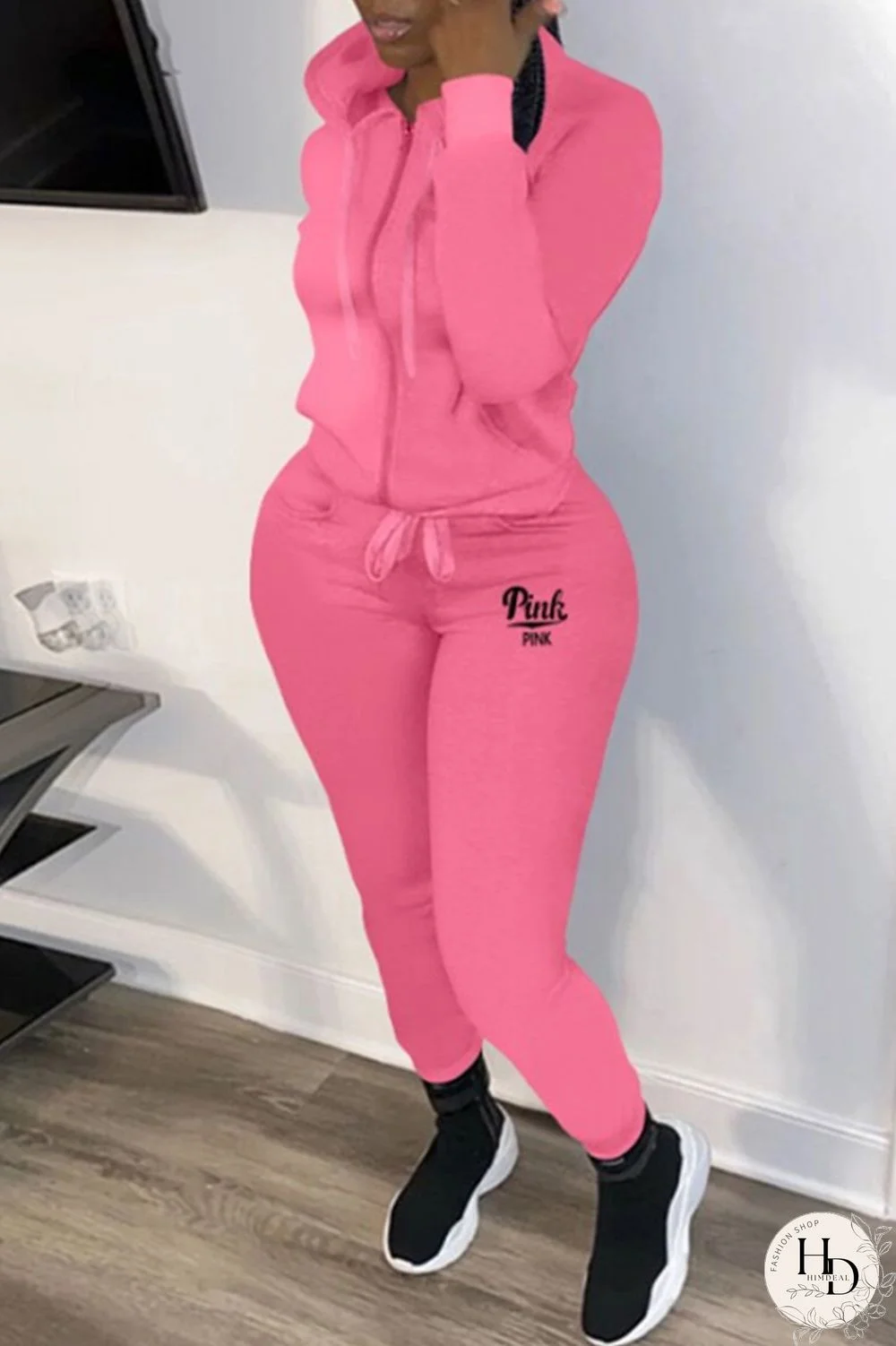 Pink Casual Letter Print Patchwork Hooded Collar Long Sleeve Two Pieces